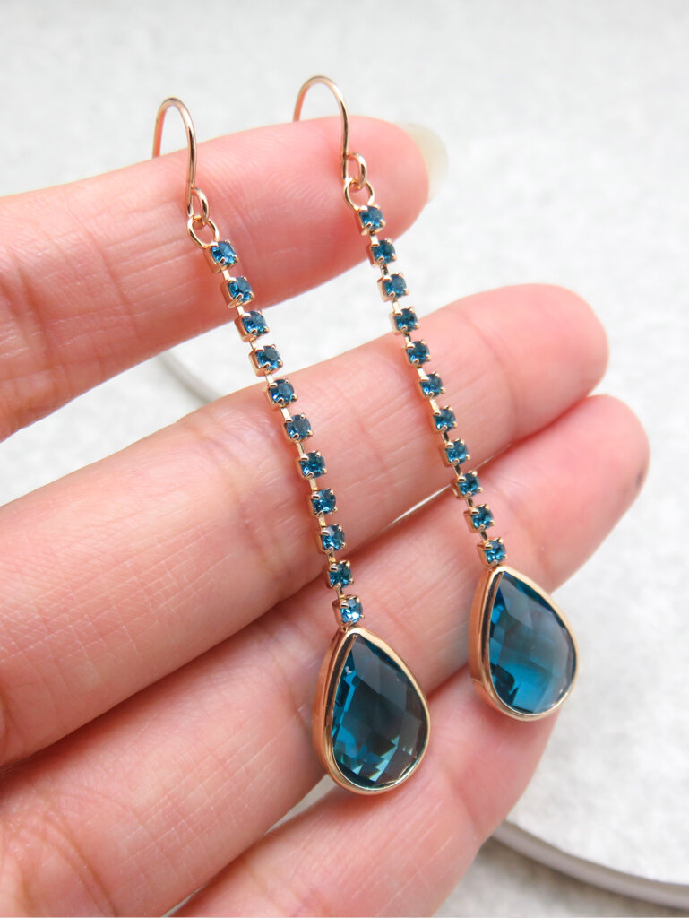 Copper Blue Crystal Teardrop Earrings with CZ Sparkling Chain