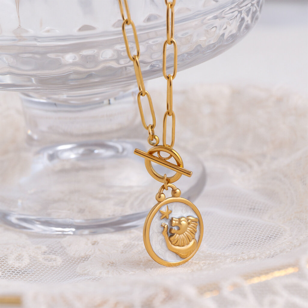 Enamel Leo Zodiac Necklace in 18K Gold Plated Stainless Steel
