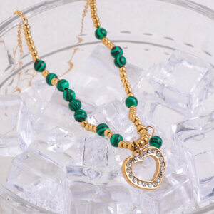 Gold Plated Natural Stone Bead Necklace With CZ Heart Pendant