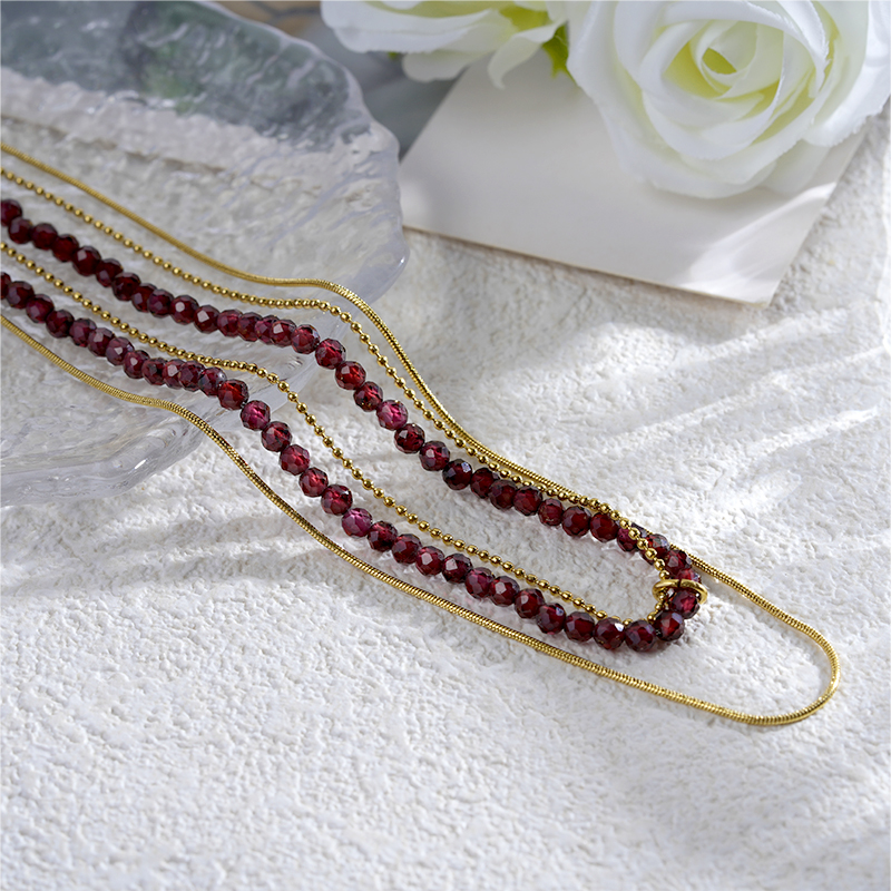 18K Gold Plated Triple Layer Natural Stone Bead Necklace