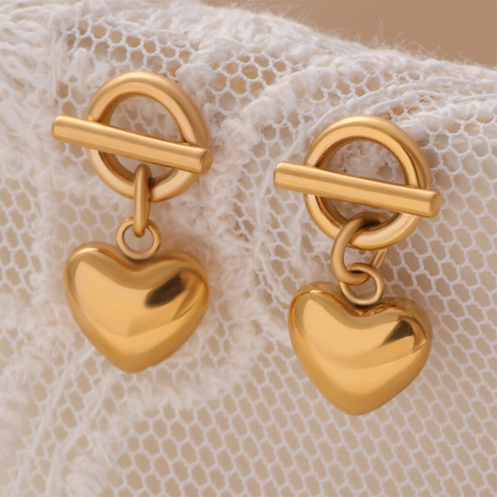 Minimalist 18K Gold Plated Stainless Steel Gold Heart Dangle Earrings