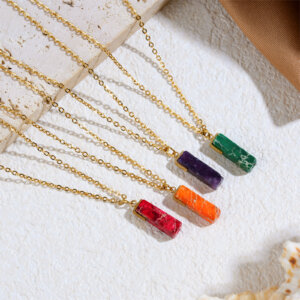 Natural Stone Bar Pendant Necklace in 18K Gold Plated Stainless Steel