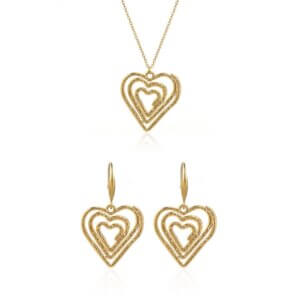 Hammered Spiral Heart Jewelry Set in 18K Gold Plated Steel