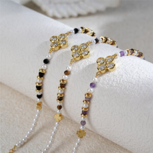 Cubic Zirconia Four Leaf Clover Bracelet with Natural Stone