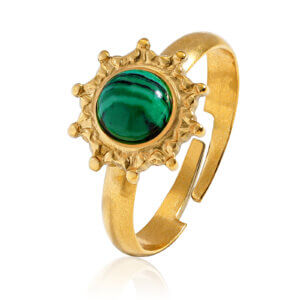 Adjustable Vintage Inspired Malachite Stone Ring with 18K Gold Plating