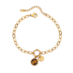 Contemporary Natural Stone Gold Link Bracelets with Hammered Disc Accents