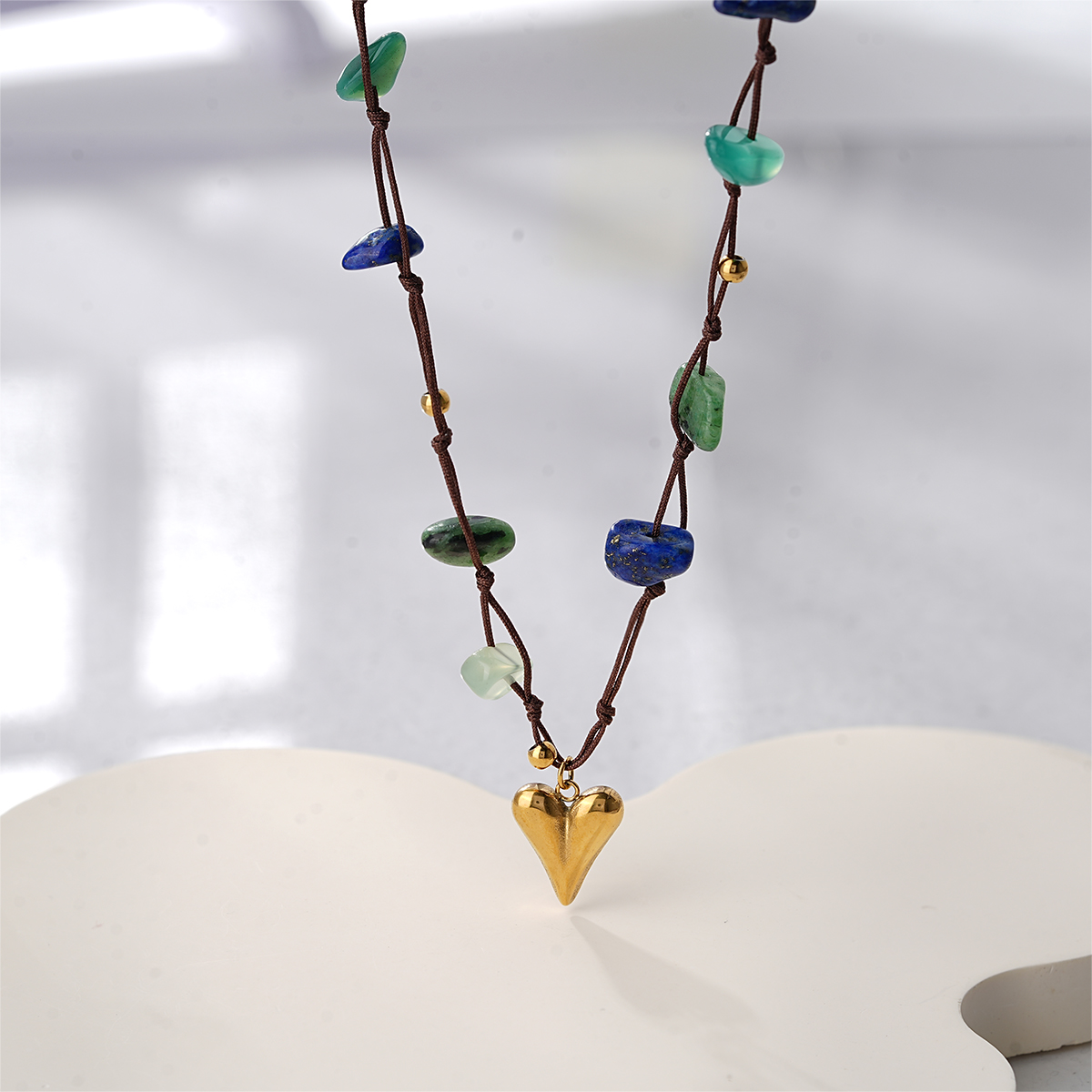 Bohemian Hand Knotted Cord Necklace with Natural Mixed Stones