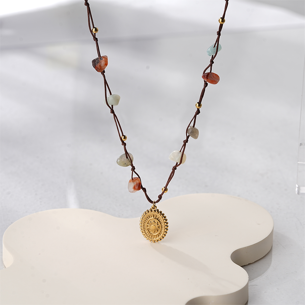 Bohemian Hand Knotted Cord Necklace with Natural Mixed Stones