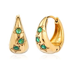 Stainless Steel Gold Star Huggie Earrings with Green Zircon