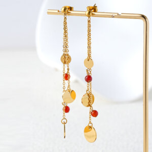 Red Aventurine Beads Long Chain Earrings With Gold Disc