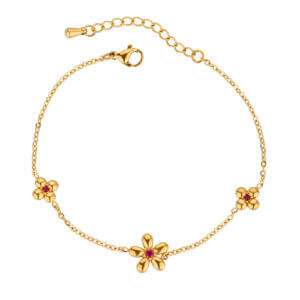 Delicate Gold Flower Charm Bracelet with Red Zircon Accent