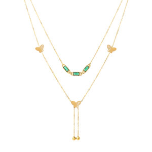 Dainty Double Layer Gold Butterfly Necklace With Green Zirconia